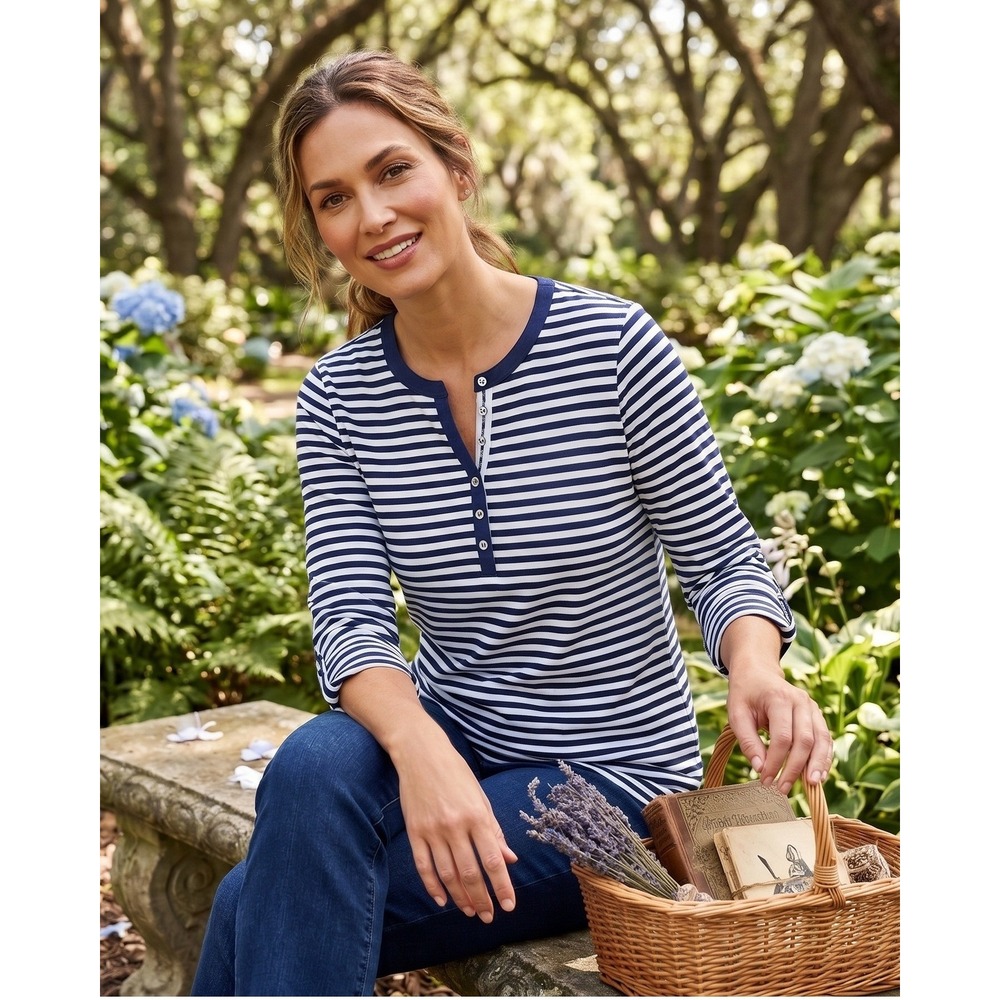 Karen Scott Womens Blue Striped Henley 3/4 Sleeve Cotton New with Tags